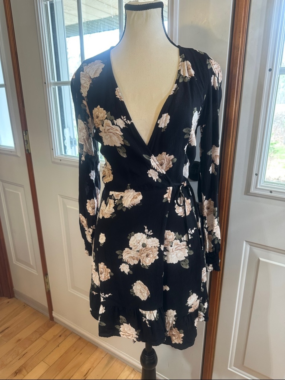Abercrombie & Fitch Black Wrap Dress with Blush Floral Print